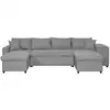 Image de Canapé d'angle panoramique oslo convertible avec coffres et poufs à droite en tissu - gris clair