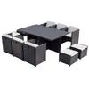 Image de SUNSET 10 - Salon de jardin encastrable 10 places avec fauteuils et poufs en résine tressée noir et blanc