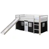 Image de Lit Simple Blanc 90x200 en hauteur avec echelle et rideau Foncé et toboggan