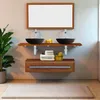 Image de Ensemble meuble tiroir vasques et miroir salle de bain Eleganzia 130 cm en bois teck naturel Taille - Meuble + miroir sans vasque