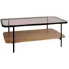 Image de Table basse vintage en métal noir avec 2 plateaux (verre et décor bois). Bords arrondis