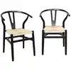 Image de Lot de deux chaises vintage noires en bois d'hévéa avec assise en cordes et dossier arrondi