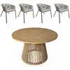 Image de Table à manger bois d'acacia ronde. Intérieur - extérieur + 4 fauteuils en corde beige et acier