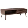 Image de Table basse scandinave avec portes coulissantes décor bois noyer rainuré et niches de rangement