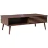 Image de Table basse scandinave avec portes coulissantes décor bois noyer rainuré et niches de rangement