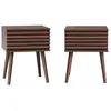 Image de Lot de 2 tables de chevet style scandinave décor bois avec tiroir rainuré noyer et pieds compas