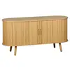 Image de Meuble tv scandinave 2 portes coulissantes. 4 compartiments. Décor bois rainuré naturel. L120 x 40 x 57 cm