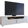 Image de Meuble Tv 75 Pouces Blanc Grisé Et Chêne 4 Portes 8 Niches Roulettes L 200 H 55 P 38