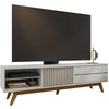 Image de Meuble Tv 75 Pouces Blanc Grisé Pieds Bois 1 Porte 2 Tiroirs 3 Niches L 200 H 55.2 P