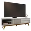 Image de Meuble tv 75 pouces blanc pieds bois 1 porte 2 tiroirs 3 niches l 200 h 55.2 p 37.7 cm 1889Q0110A2