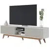 Image de Meuble Tv 75 Pouces Blanc Grisé Pieds Bois 4 Portes 8 Niches L 218 H 57 P 40 Cm
