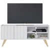 Image de Meuble Tv Bar 55 Pouces Blanc Grisé Pieds Bois 2 Portes 3 Niches L 135.8 H 58.7 P 36
