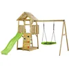 Image de KANGUI Aire de jeux portique en bois WOODI - Double balançoire et nid Ø100cm toboggan mur descalade bac a sable cabane échelle