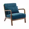 Image de Fauteuil en velours bleu pétrole. Pieds bois d'hévéa teinté noyer clair. 1 place droit fixe. Pieds compas scandinave