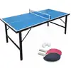 Image de Mini table de ping pong 150x75cm - table pliable indoor bleue. Avec 2 raquettes et 3 balles. Valise de jeu pour utilisation intérieure. Sport tennis de table