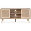 Image de Meuble tv en cannage 120x39x56.5cm - bohème - naturel. 2 niveaux. 2 étagères. 2 portes. Pieds scandinaves