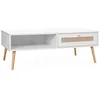 Image de Table basse en cannage 110x59x39cm - Bohème - Blanc cassé. 1 tiroir. 1 espace de rangement. pieds scandinaves