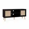 Image de Meuble tv en cannage 120x39x56.5cm - bohème - noir. 2 niveaux. 2 étagères. 2 portes. Pieds scandinaves