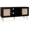 Image de Meuble Tv En Cannage 120x39x56.5cm - BohÃ¨me - Noir. 2 Niveaux. 2 ÃtagÃ¨res. 2 Portes. Pieds en occasion ou reconditionné