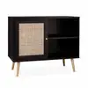 Image de Meuble de rangement en cannage 80x39x65.8cm bohème - noir - 2 niveaux - 1 porte - pieds scandinaves. Buffet bas