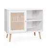 Image de Meuble de rangement en cannage 80x39x65.8cm bohème - blanc - 2 niveaux - 1 porte - pieds scandinaves. Buffet bas