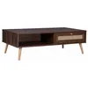 Image de Table basse en cannage 110x59x39cm - Bohème - couleur bois foncé. 1 tiroir. 1 espace de rangement. pieds scandinaves