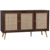 Image de Buffet de rangement en cannage bois foncé 120x39x70cm - Bohème - 2 niveaux. 3 portes. pieds scandinaves