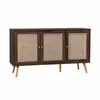 Image de Buffet de rangement en cannage 120x39x70cm - bohème - 2 niveaux. 3 portes. Pieds scandinaves. Buffet bas