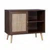 Image de Meuble de rangement en cannage 80x39x65.8cm bohème - couleur bois foncé - 2 niveaux - 1 porte - pieds scandinaves. Buffet bas