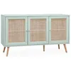 Image de Buffet de rangement en cannage vert céladon 120x39x70cm - Bohème - 2 niveaux. 3 portes. pieds scandinaves