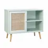 Image de Meuble de rangement en cannage 80x39x65.8cm bohème - vert céladon- 2 niveaux - 1 porte - pieds scandinaves. Buffet bas
