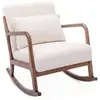 Image de Fauteuil à bascule design en bois et tissu. Bouclettes crème. Structure hévéa teinté noyer foncé