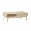 Image de Table basse couleur naturelle. Linear. Décor bois rainuré. pieds compas. 2 niches. 1 tiroir. l 110 x l 59 x h 39cm