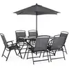 Image de Table de jardin avec 6 fauteuils pliants gris et un parasol 2m. Anthracite. Structure acier avec revêtement anti rouille
