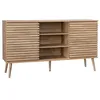 Image de Buffet scandinave décor bois avec 2 portes coulissantes rainurées et 4 étagères. buffet bas. L 140