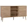 Image de Buffet scandinave décor bois avec 2 portes coulissantes rainurées et 4 étagères. Buffet bas. L 140