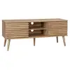 Image de Meuble tv scandinave avec 2 portes décor bois rainuré et 1 niche centrale avec étagère l120cm
