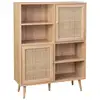 Image de Buffet de rangement cannage et décor bois. Buffet haut. Vaisselier. 2 portes et 2 étagères style bohème 90cm