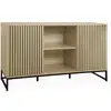 Image de Buffet style contemporain avec 2 portes effet bois rainuré ouverture par pression. Buffet bas. Piètement en métal noir l140cm
