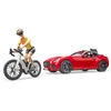 Image de Bruder Voiture Roadster Avec Porte Velo, Un Velo De Route Et Une Cycliste
