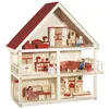 Image de Maison de poupée en bois - ROBA - 3 étages avec 21 pièces de mobilier et 4 poupées - Naturel / Rouge