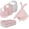 Image de ROBA Coffret Bébé Lil Planet - 7 PCS - 3 Bavoirs + 1 Doudou + 3 Langes - Cadeau de Naissance - Rose / Gris