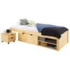 Image de Lit fonctionnel SABRINA lit simple 90x190 cm pour enfant 1 table de chevet sur roulettes 1 grand tiroir et 2 étagère pin naturel