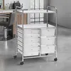 Image de Caisson sur roulettes MARITA chariot 9 tiroirs en plastique blanc transparent et 2 étagères rangement salle de bain en métal chromé