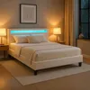 Image de Lit LED double 140x190 cm avec sommier tête de lit confortable lit 1 place revêtement synthétique blanc PINOT