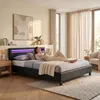 Image de Lit LED double 140x190 cm avec sommier tête de lit confortable lit 1 place revêtement synthétique noir PINOT