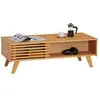 Image de Table basse SEAN table de salon rectangulaire design vintage avec 4 niches et des portes coulissantes ajourées en pin teinté/ciré