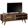 Image de Meuble TV SEAN banc télé de 115 cm au design vintage avec 4 niches et 1 porte coulissante ajourée en pin massif lasuré brun foncé