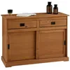 Image de Buffet SAVONA bahut vaisselier commode avec 2 tiroirs et 2 portes coulissantes en pin massif lasuré brun