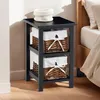 Image de Table de chevet NOKOMIS table de nuit en bois avec 2 paniers en osier et insert en tissu blanc meuble pour chambre lasuré noir